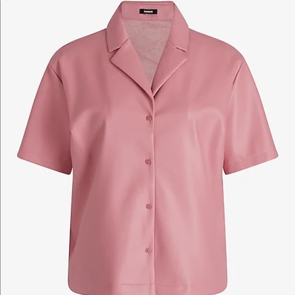 Faux Leather Button Up Boxy Shirt Pink Express - Picture 3 of 5
